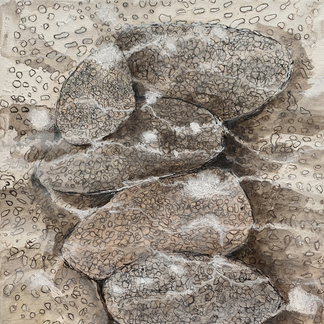 Steine im Wasser 1- Acryl-Tusche-Seidenpapier-Leinwand-30 x 30 cm
